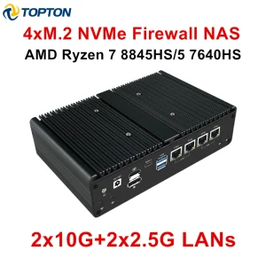 Topton 2*10G 2*2.5G 4 LANs Firewall Mini PC NAS Server AMD Ryzen 7 8845HS 5 7640HS 4xM.2 NVMe 2xUSB4 OCuLink Gaming Computer