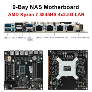 9-Bay NAS Motherboard AMD Ryzen 7 8845HS USB4 4xi226-V 2.5G LAN 9xSATA3.0 2xM.2 NVMe PCIE X16 2xDDR5 Mini ITX Firewall Mainboard