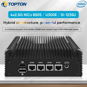 Topton 4x2.5G NICs Fanless Mini PC Zero Noise Intel Core i5 1235U U300E 8505 2xDDR5 NVMe HD/DP/Type-C IoT Firewall Computer