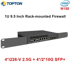Topton 1U 9.5 Inch Rack mounted Firewall Mini PC Intel N150 Quad Core 4*/2*10G SFP 4*2.5G LAN i226-V Network Security Server
